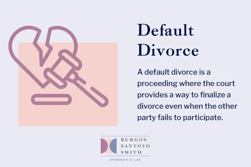 A default divorce is a proceeding where the court provides a way to finalize a divorce even when the other party fails to participate. 